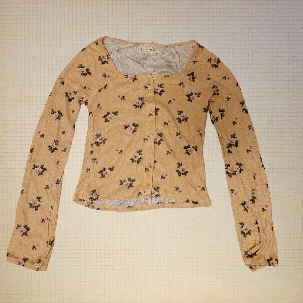 Lucky Brand Floral Button-Up Cardigan Women's XS Stretchy Peach Knit Long Sleeve
